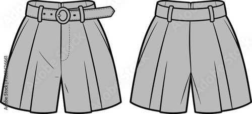 Stylish women's pleated shorts with belt, summer fashion apparel, casual wear, trendy clothing design, comfortable high-waist bottoms.