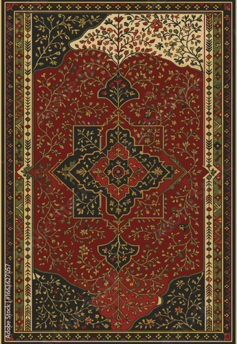 Folk art inspired Persian Vector Carpet with modern Pattern in high definition isolated on white canvas with trending colors
