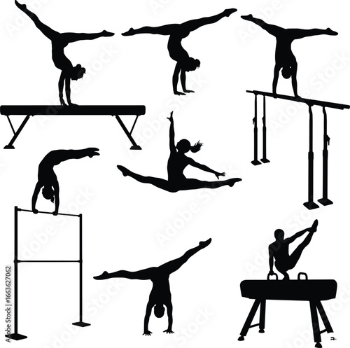 Gymnastics silhouettes performing balance beam, parallel bars, pommel horse, and floor exercises, athletic skills, flexibility, strength, training, competition vector illustration.