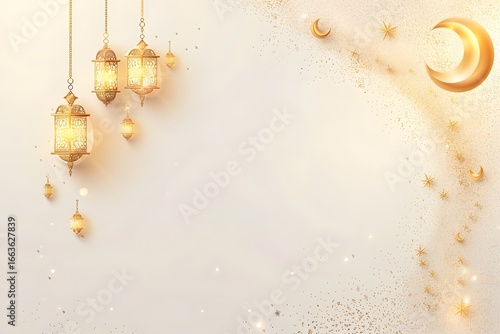 Radiant Ramadan: Golden lanterns and crescent moons illuminate a festive background