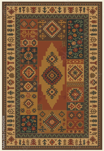 Folk art inspired Persian Vector Carpet with modern Pattern in high definition isolated on white canvas with trending colors
