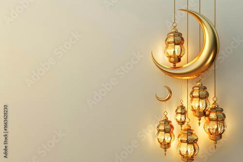 Elegant Ramadan Kareem background with crescent moon and traditional lanterns