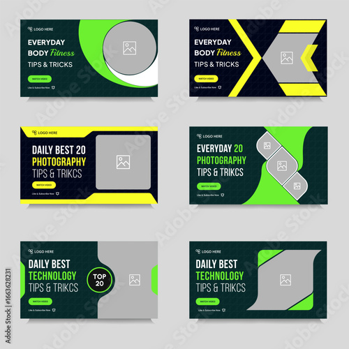 	
Multipurpose tips and tricks video thumbnail banner design, daily exercise, photography video cover banner design, bundle video thumbnail banner design, vector eps 10 file form