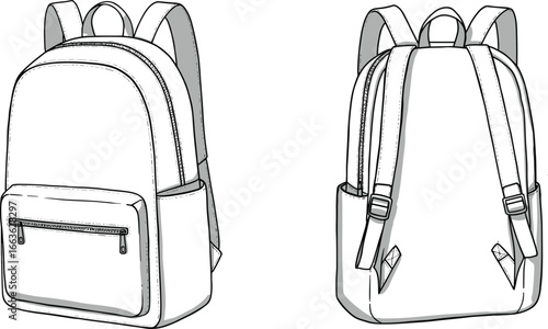 CAD drawing flat vector illustration of stylish backpack design, front and back view layout, zipper pocket, adjustable straps, fashion accessory, school bag, travel gear mockup