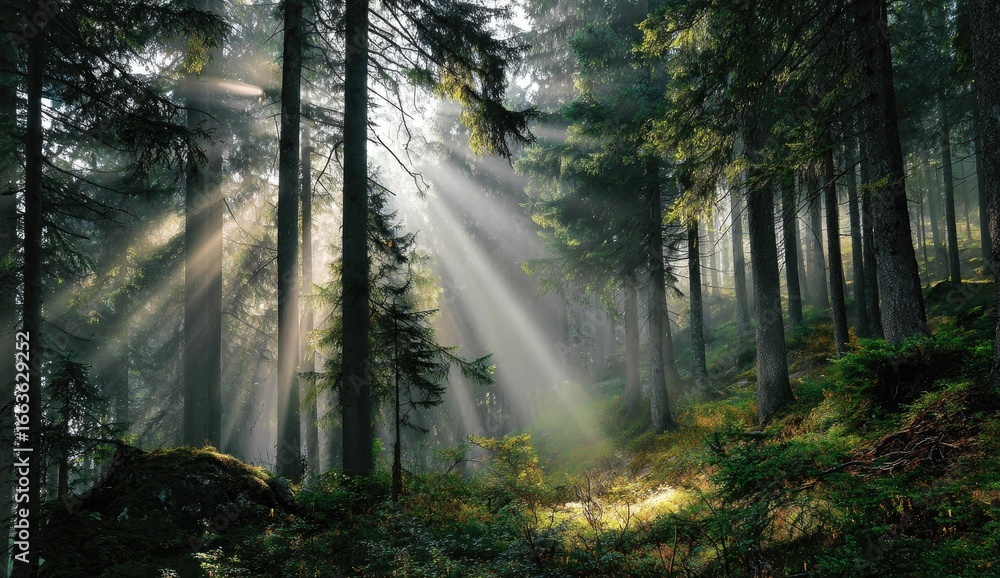 Obraz premium Sunlight streams through a misty forest (2)