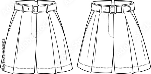 Women's pleated shorts with belt illustration, fashion technical drawing, casual summer apparel, stylish clothing design, high-waist loose fit.