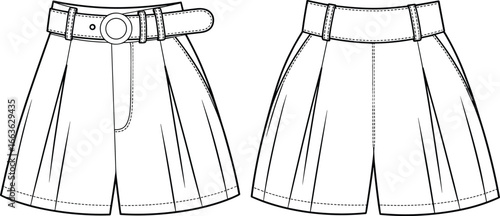 Women's pleated shorts with wide belt, fashion technical flat sketch, casual summer clothing, stylish high-waist shorts design illustration.
