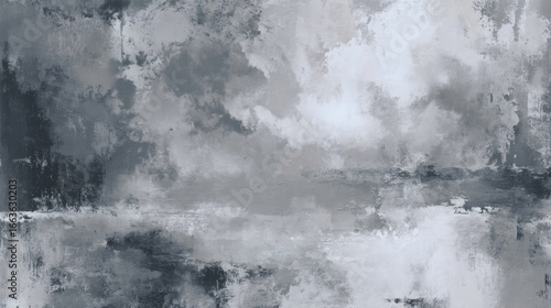 Textured abstract painting features blend of gray and soft graphite tones, layered with faint white accents. composition evokes sense of calm and introspection, with its muted color palette