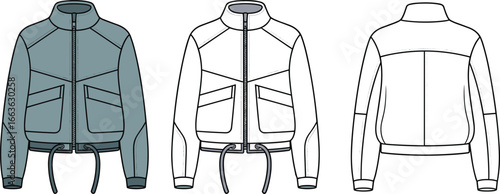 Cad drawing flat vector illustration of stylish cropped jacket with zipper closure, drawstring waist, patch pockets, long sleeves, modern casual outerwear, front and back views