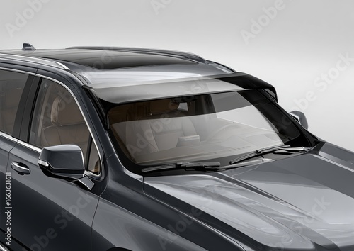 Close-up of a vehicle's windshield and sun visor.  Gray SUV's front features a tinted, protective sunshade over the windshield