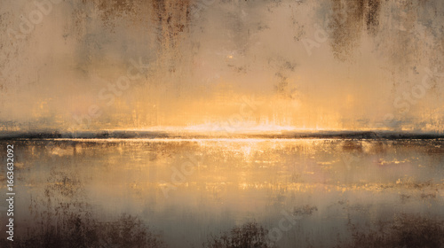 Soft golden flare spills into burnt sienna haze, creating abstract landscape with serene and warm atmosphere. textured surface adds depth and intrigue to composition