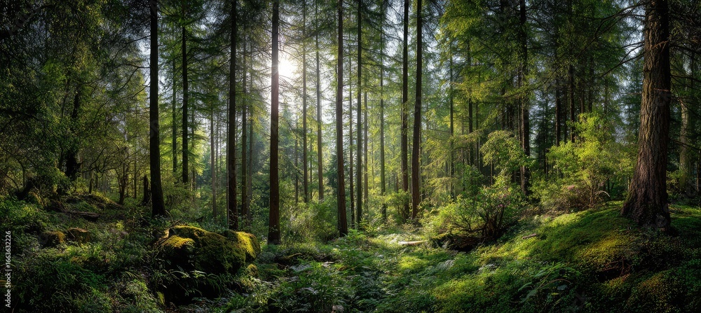 Obraz premium Sunlight streams through a dense forest filled with towering trees and a carpet of moss-covered ground