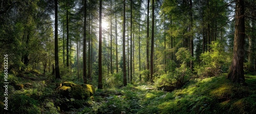 Sunlight streams through a dense forest filled with towering trees and a carpet of moss-covered ground