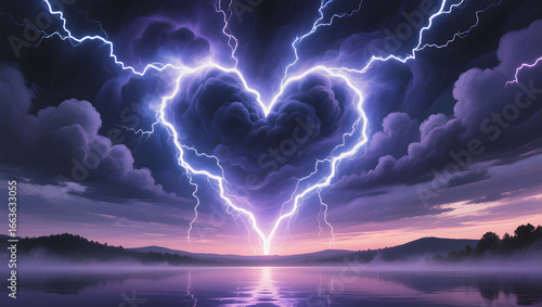 Surreal double lightning strike forming a heart shape in the sky, fantasy romantic digital illustration