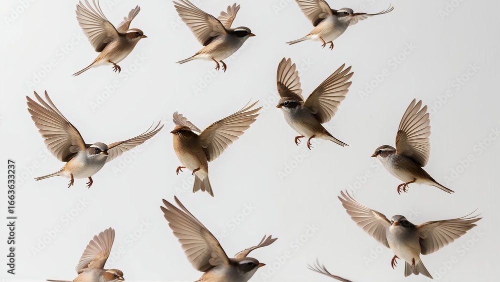 Obraz premium Flock of sparrows spreading their wings in synchronized flight, detailed feather textures, presented on a crisp white background.