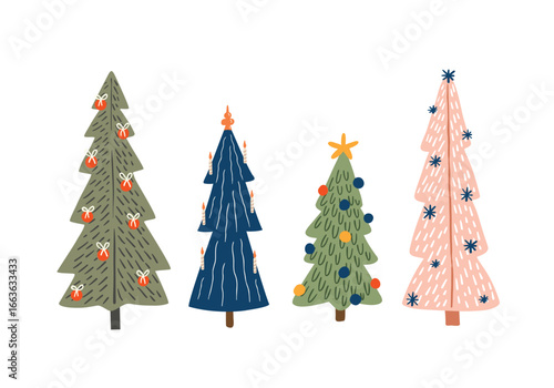 Set of stylized Christmas trees on a white background. Hand drawn in a flat style.