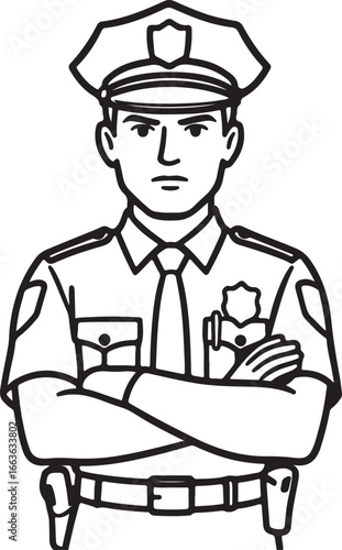 Black and white line art illustration of a police officer with arms crossed law enforcement justice