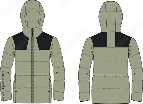 Olive Green Puffer Jacket with Hood - Front and Back View .
