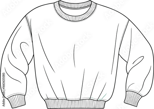 Sweatshirt CAD drawing flat vector illustration, front and back views, long sleeve, clean seam design, unisex fashion, technical clothing sketch, stylish garment layout, apparel template
