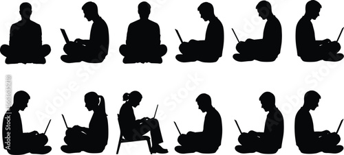 PrinLaptop users silhouette, seated people with computers, cross-legged posture, digital lifestyle vector, remote work concept, black human icons, technology illustrationt