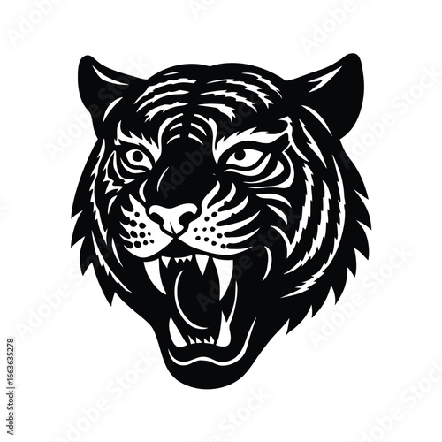 Aggressive black tiger head with bared teeth face roaring