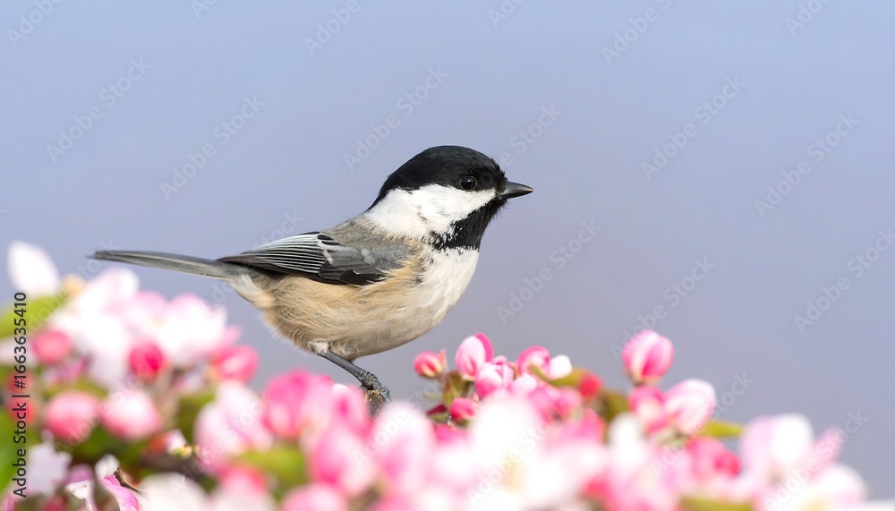 Fototapeta premium A charming chickadee perches amongst blossoming spring flowers, showcasing a delicate interplay of nature's colors and forms.