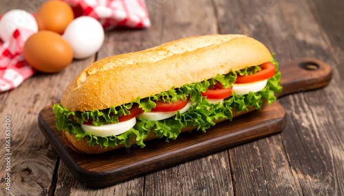 Artisan baguette sandwich with eggs, tomatoes and lettuce on wooden board
