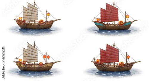 Four chinese sailing vessels illustrations