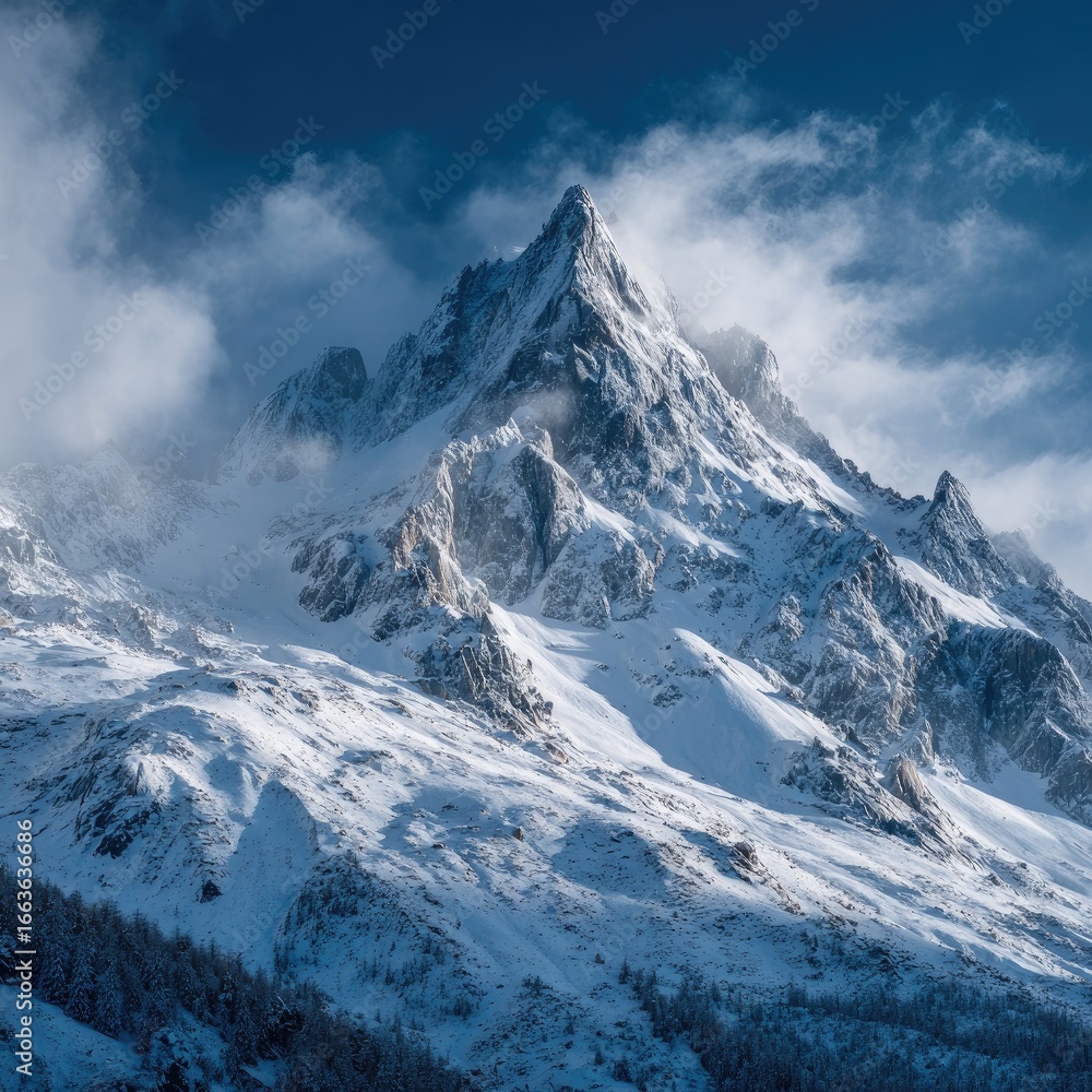 Obraz premium Snowy mountain peak piercing a vibrant blue sky, blanketed in clouds