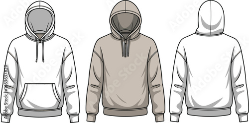 Hoodies CAD drawing flat vector illustration three hoodies, front and back views, color variation, drawstring detail, fashion sketch layout, garment design template, apparel vector mockup