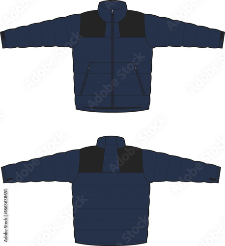 Navy Blue Puffer Jacket with Black Shoulders, Front and Back View .