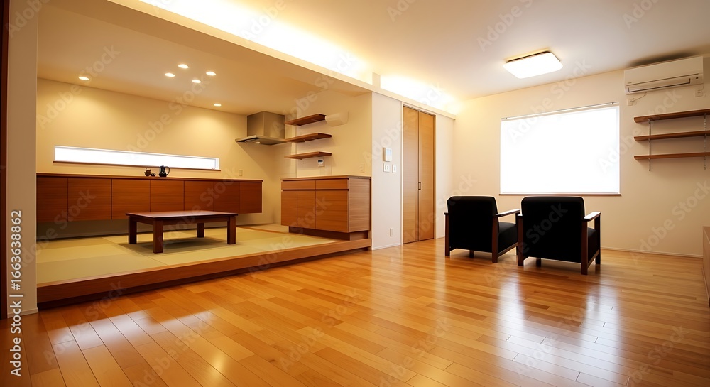 Fototapeta premium Bright and modern Japanese style living room with natural wood finishes and tatami mats