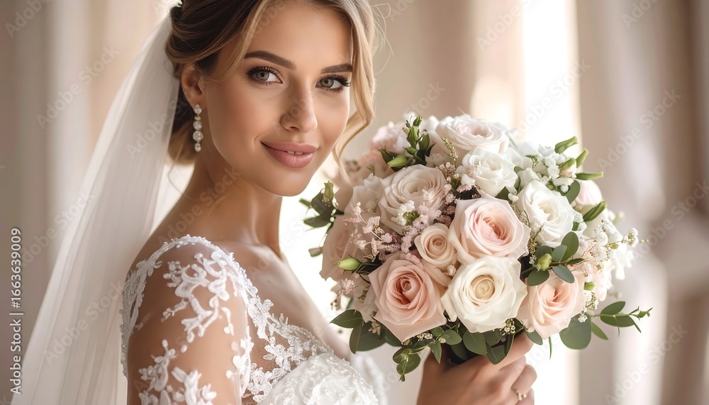 Naklejka premium Beautiful Bride in White Lace Dress Holding Pink and White Roses Bouquet.