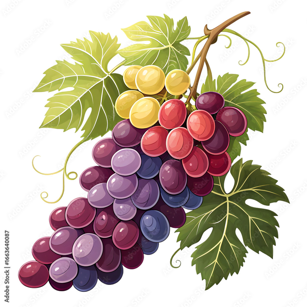 Fototapeta premium Colorful grape bunch with green leaves and vine isolated on a transparent background grapes PNG file 