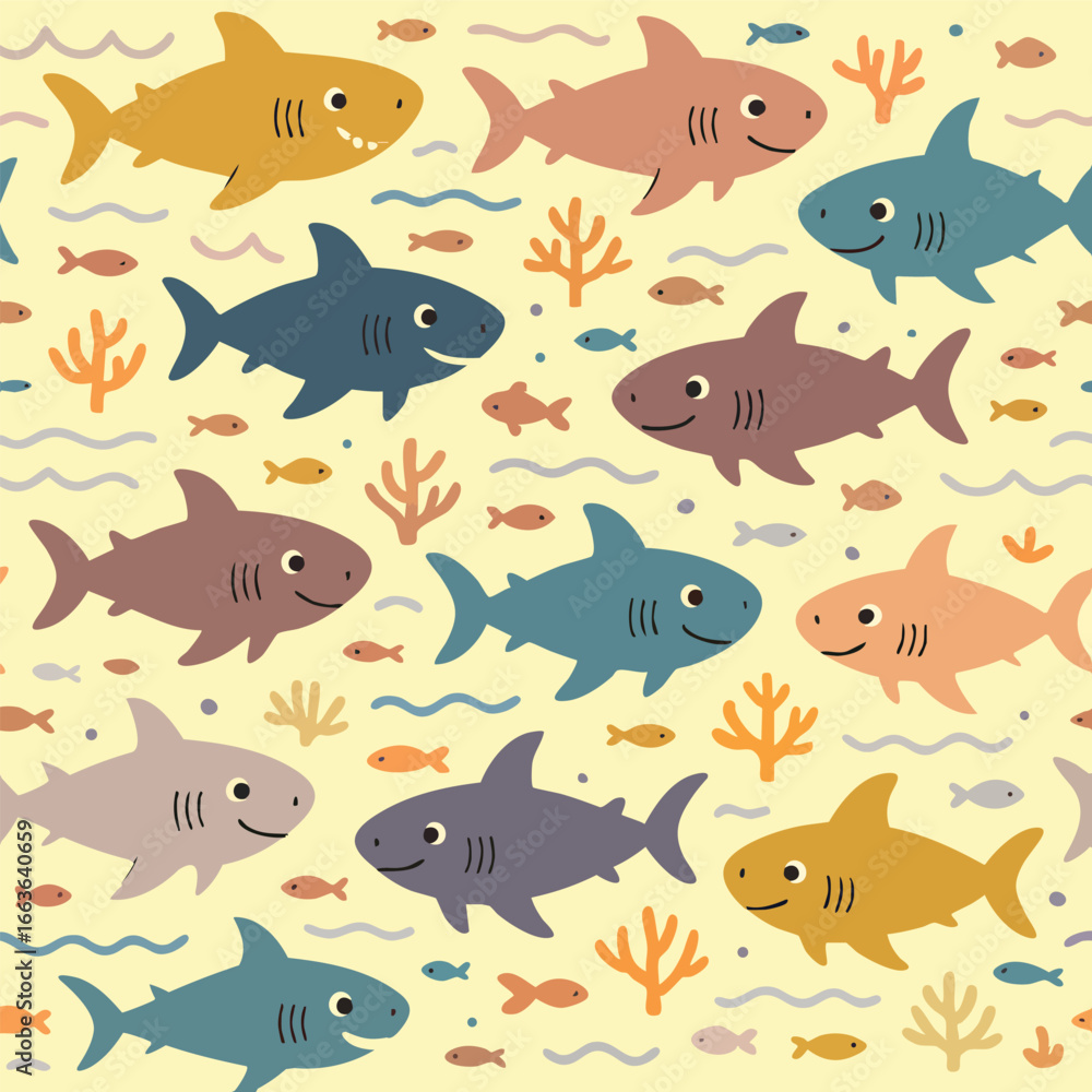 Fototapeta premium Sharks Ocean Blue Marine Sea Fish Animal Shark Wildlife Kids Children Cartoon Cute Fun Happy child Sea Marine Print Vector Design