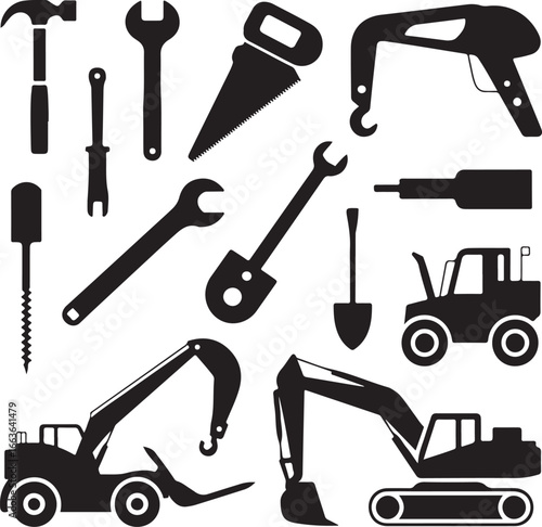 Black Vector Silhouettes of Tools and Construction Equipment Clean Design