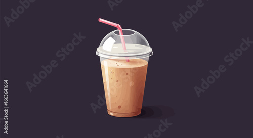 Refreshing Blended Iced Coffee or Smoothie in Plastic Takeaway Cup with Straw Vector Illustration