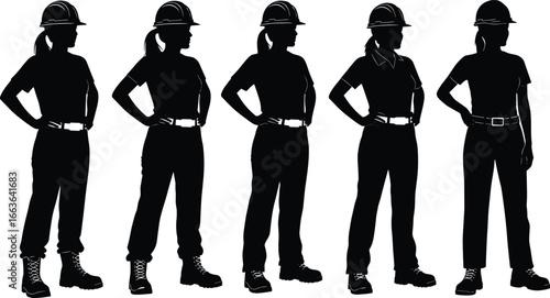 PrintSilhouette of Female Construction Workers in Safety Helmets Standing in Uniform Pose, Industrial Women Engineers Vector Illustration Isolated on White