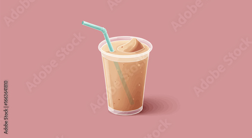 Refreshing Iced Coffee or Cold Chocolate Smoothie in Plastic Cup with Straw, Isolated Vector Illustration on Pink Background for Summer Beverages