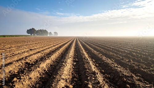 Agricultural landscape featuring plowed field ready for cultivation under a bright sky