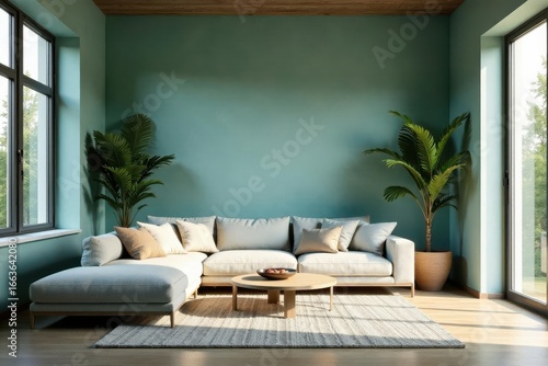 Serene Living Room with Light Sofa and Lush Greenery Against a Teal Wall