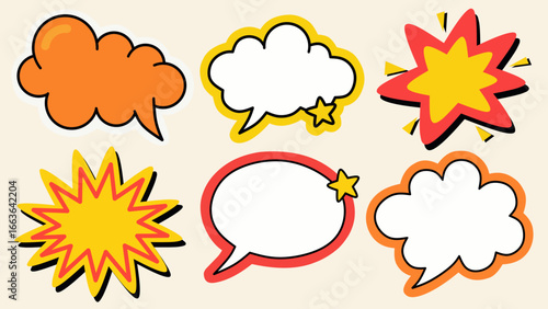 Colorful cartoon-style comic speech bubbles and explosion shapes in pop art style. Suitable for stickers or graphic decoration.