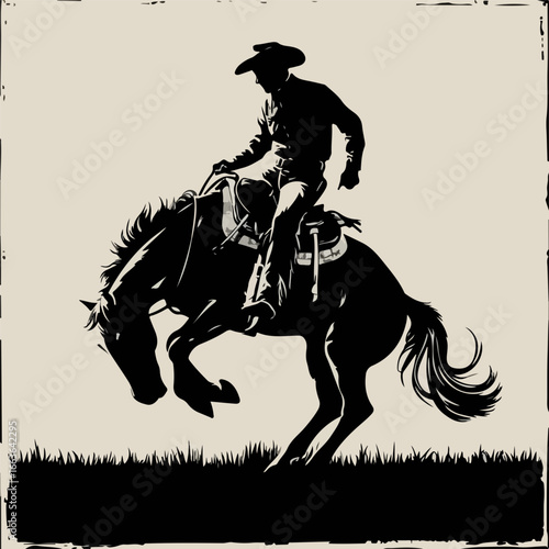Vintage Cowboy Silhouette on Bucking Horse - Western Rodeo Art - Wild West Cowboy Illustration - Rodeo Cowboy on Horseback