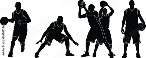 PrintSilhouettes of basketball players in action poses, dribbling, defense, shooting, passing, vector sports illustration