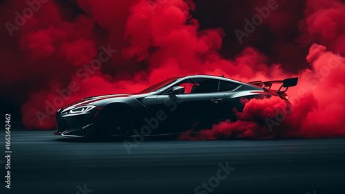 Drifting car on dark black background with red smoke Car in the smoke Supercar in motion Sports car