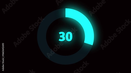 Numerical counting from 0 to 30. Circular progress bar with bright neon blue light. Countdown timer from 0 to 30 seconds real time. Modern flat design of countdown animation on black background.