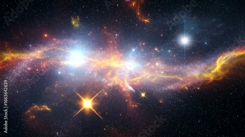A vibrant cosmic spectacle showcases swirling nebulae and radiant stars across the vast expanse of space.