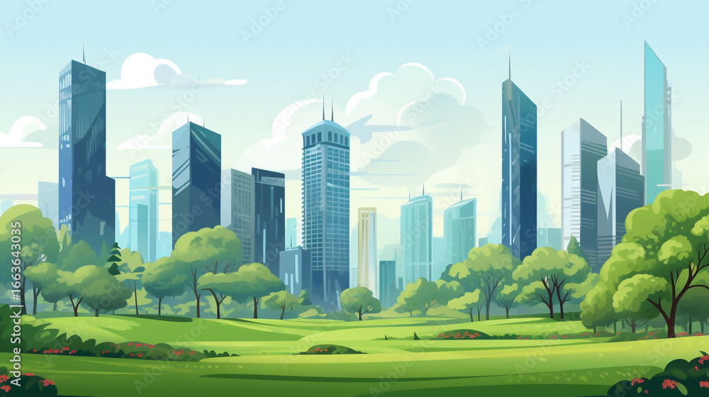 Fototapeta premium A vibrant cartoon illustration shows a green park with lush trees and a winding path, set against a backdrop of a modern city skyline under a blue sky.