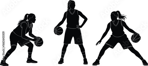 PrintSilhouettes of female basketball players in athletic poses holding ball, crouching, standing, and wide stance for sports action vector illustration