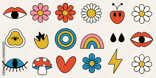 Groovy 70s inspired icons with flowers eyes and mushrooms
